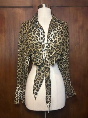 Leopard Print Tie-Front Cropped Blouse L